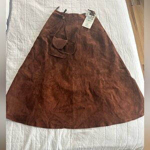 Brown Suede Leather A-Line Skirt with Matching Pouch